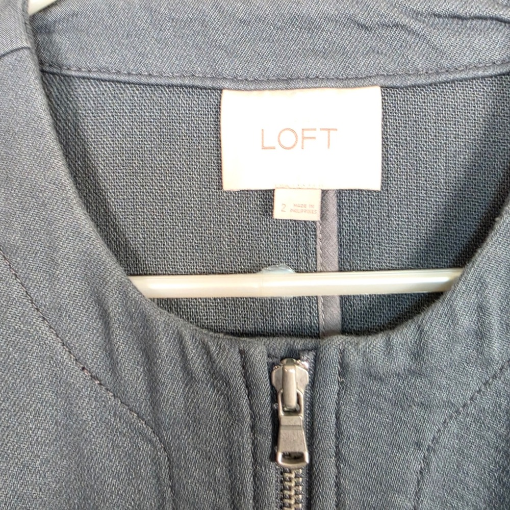 LOFT‎ Jacket Women's 2 Blue Gray Cotton Zip Front Utility Career Casual Cropped - Picture 11 of 13